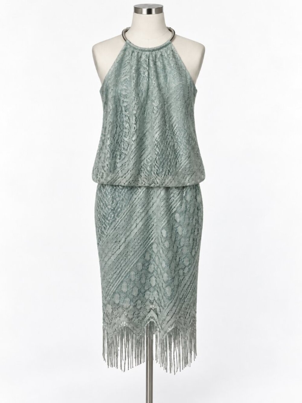 SLNY Metallic Crochet Lace Halter Fringe Dress Flapper Y2K Made in USA - Picture 2 of 7
